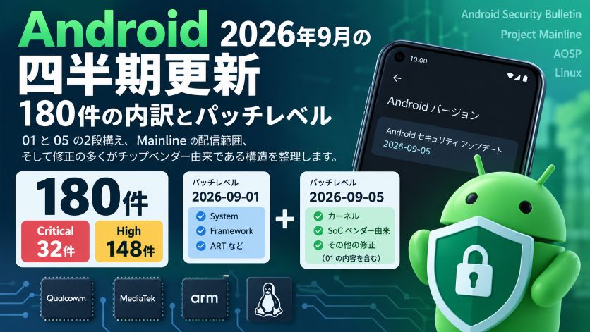 Android 2026年9月の四半期更新｜180件の内訳とパッチレベル 01/05