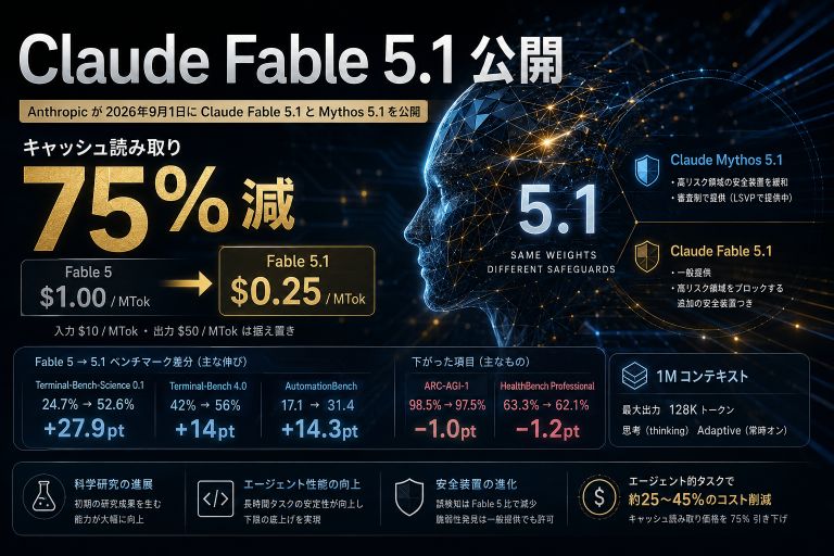 Claude Fable 5.1 公開｜キャッシュ読み取り75%減と5→5.1の差分