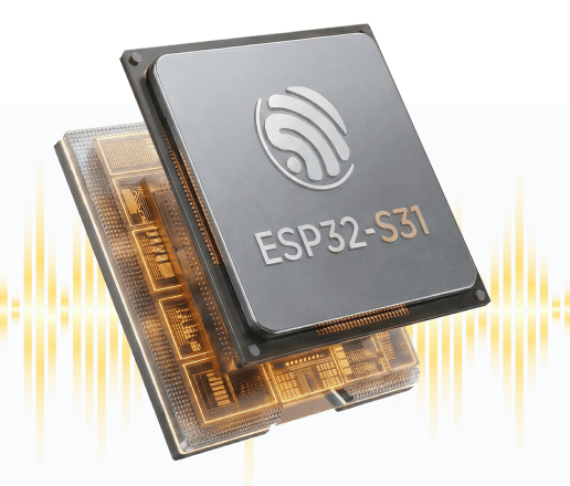 ESP32-S31 チップの製品イメージ。上面に Espressif のロゴと ESP32-S31 の刻印があり、その背後に内部のダイのイラストが重ねて描かれている