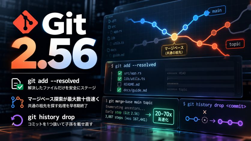 Git 2.56 登場｜git add --resolved で衝突解消が安全に・マージベース探索が最大数十倍速く・git history drop