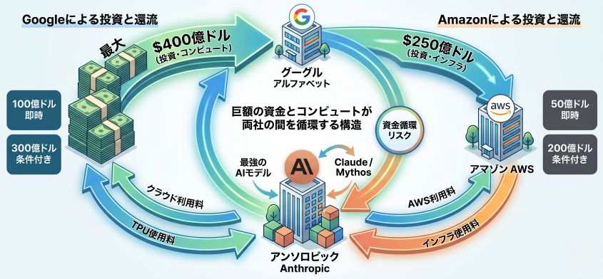 資金還流（Round-tripping）の構造図。出資金とコンピュート提供が双方向に行き来する