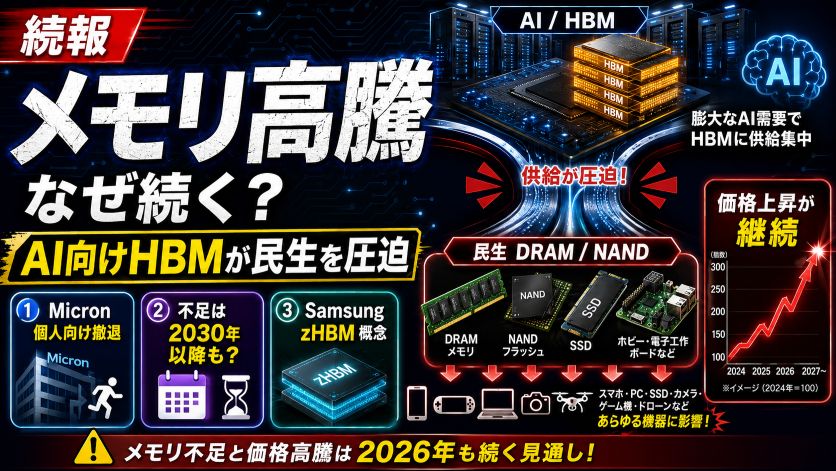メモリ高騰はなぜ続くのか｜続報：AI需要が民生を圧迫（Micron撤退・zHBM）