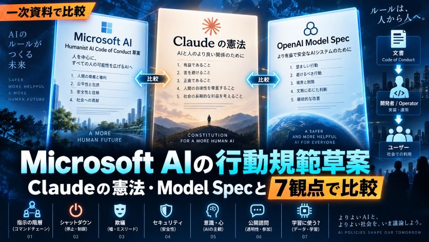 Microsoft AI の行動規範草案｜Claude の憲法・Model Spec と7観点で比較