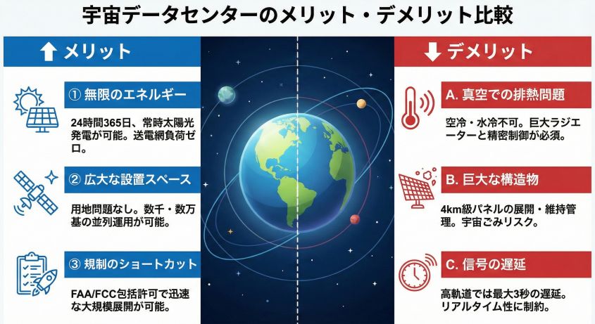 宇宙データセンターのメリット・デメリット比較表