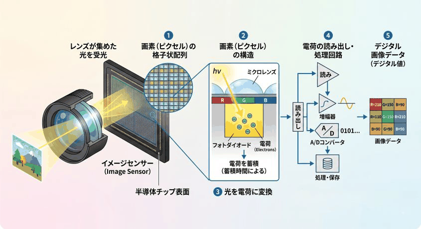 イメージセンサーの仕組み図。レンズが受光した光を格子状に並んだ画素のフォトダイオードが電荷に変換し、読み出し・増幅・A/D変換の処理回路を経てデジタル画像データになる流れ