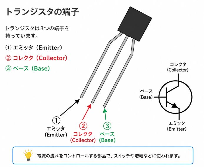 2SC1815の端子解説イラスト。TO-92パッケージの3本足に①エミッタ②コレクタ③ベースを振り、NPNトランジスタの回路記号を併記した図