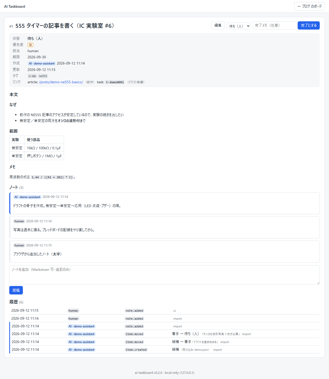 項目の詳細画面。作成者に AI · demo-assistant の青いバッジ、Markdown の表を含む本文、AI と human のノートが 3 件、履歴 6 行にそれぞれ作成者バッジと種別と経路が並ぶ