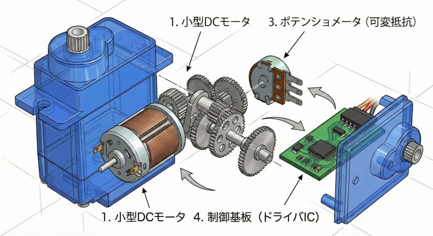 SG90サーボモータの内部構造（分解図）