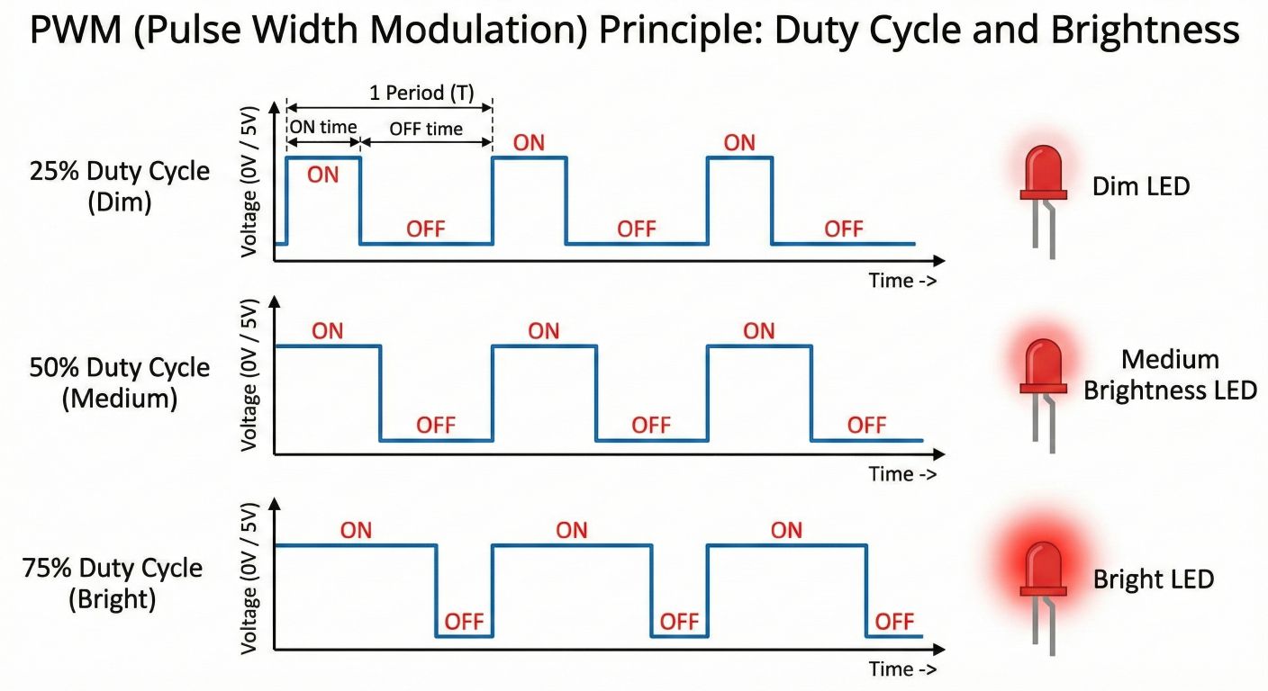 PWMの原理：ONの時間（デューティ比）で明るさを調整