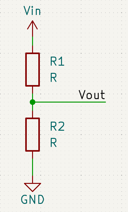 Vin から抵抗 R1・R2 を直列に GND へつないだ分圧回路の回路図。R1 と R2 の接続点から Vout を取り出している