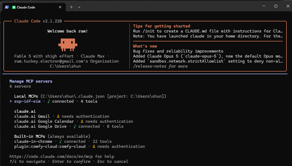 Claude Code の /mcp 画面で esp-idf-eim が connected・4 tools と表示されている