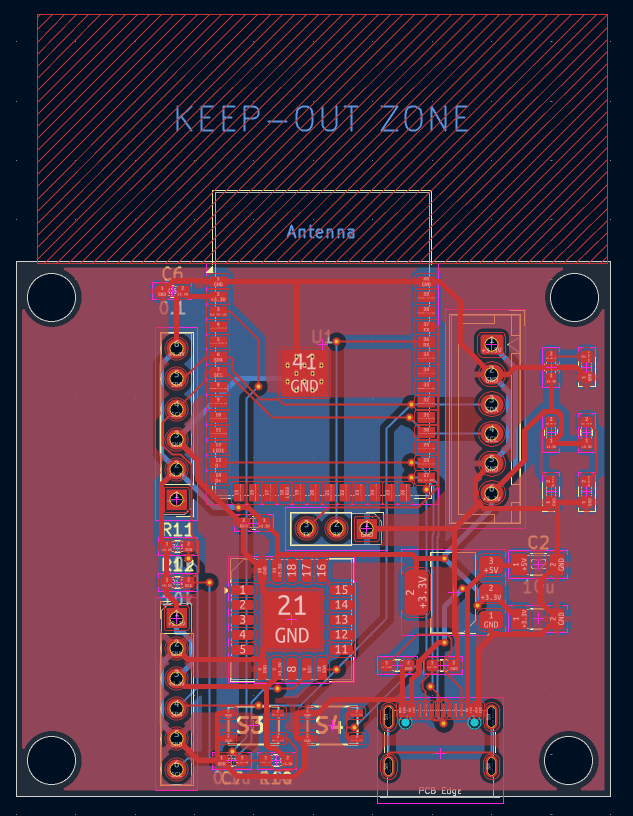 KiCadのPCBエディタで開いた基板データ。上部にアンテナ用のKEEP-OUT ZONEが表示されている