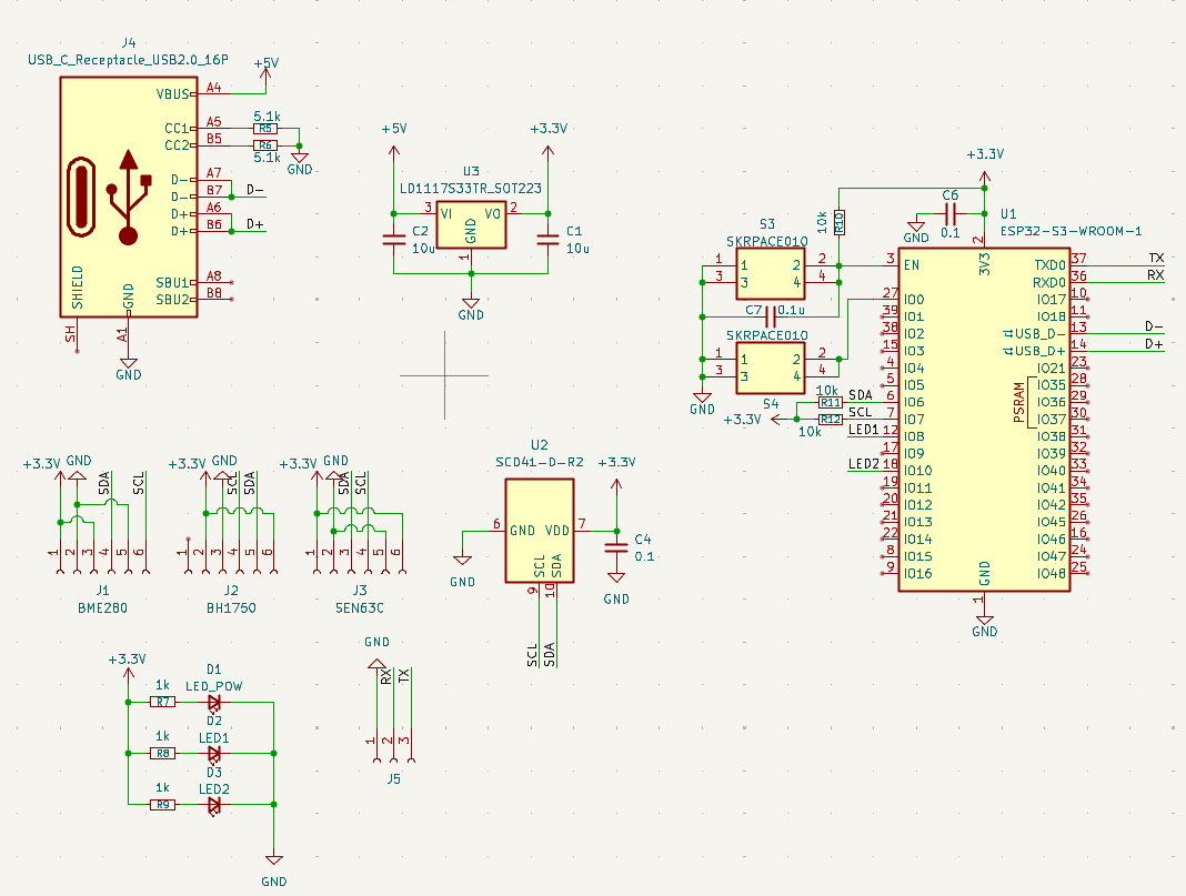 ESP32-S3センサー基板の全体回路図。USB-Cレセプタクル、LD1117S33、ESP32-S3-WROOM-1、センサ用コネクタ3つ、LED3組が並んでいる