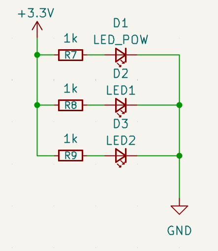 D1・D2・D3の3個のLEDがすべて1kΩ経由で+3.3Vに接続されている回路図