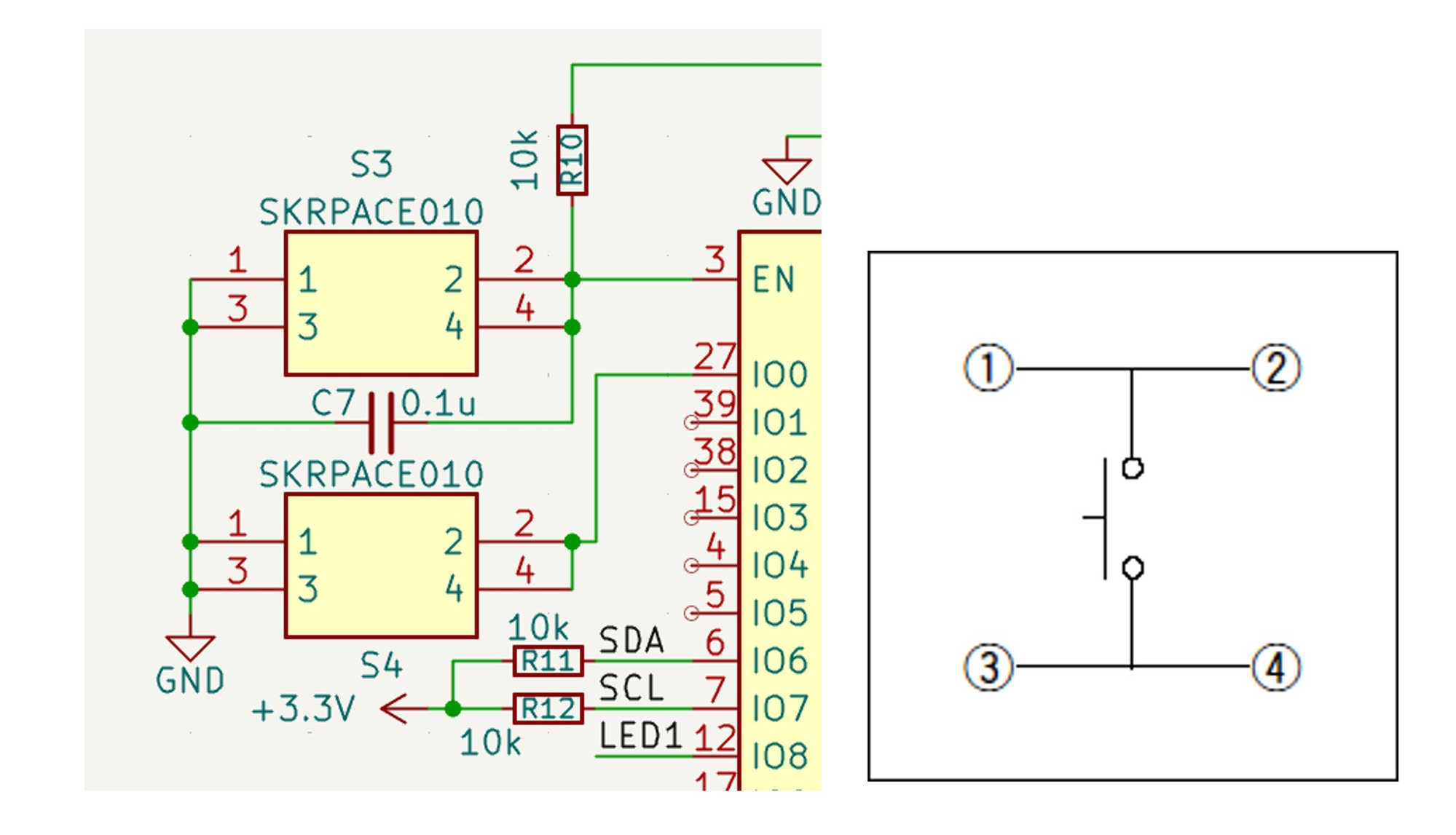 KiCadの回路図でのS3・S4の結線と、SKRPACE010の内部結線図