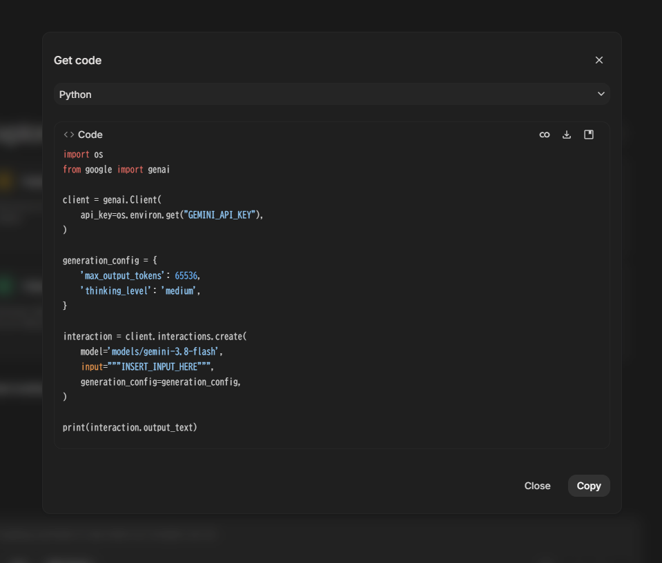 Get code（Python）。client.interactions.create の Interactions API 形で出る。キーは api_key=os.environ.get(&hellip;) と環境変数から読む形で、generation_config には thinking_level: &lsquo;medium&rsquo; が既定で入る