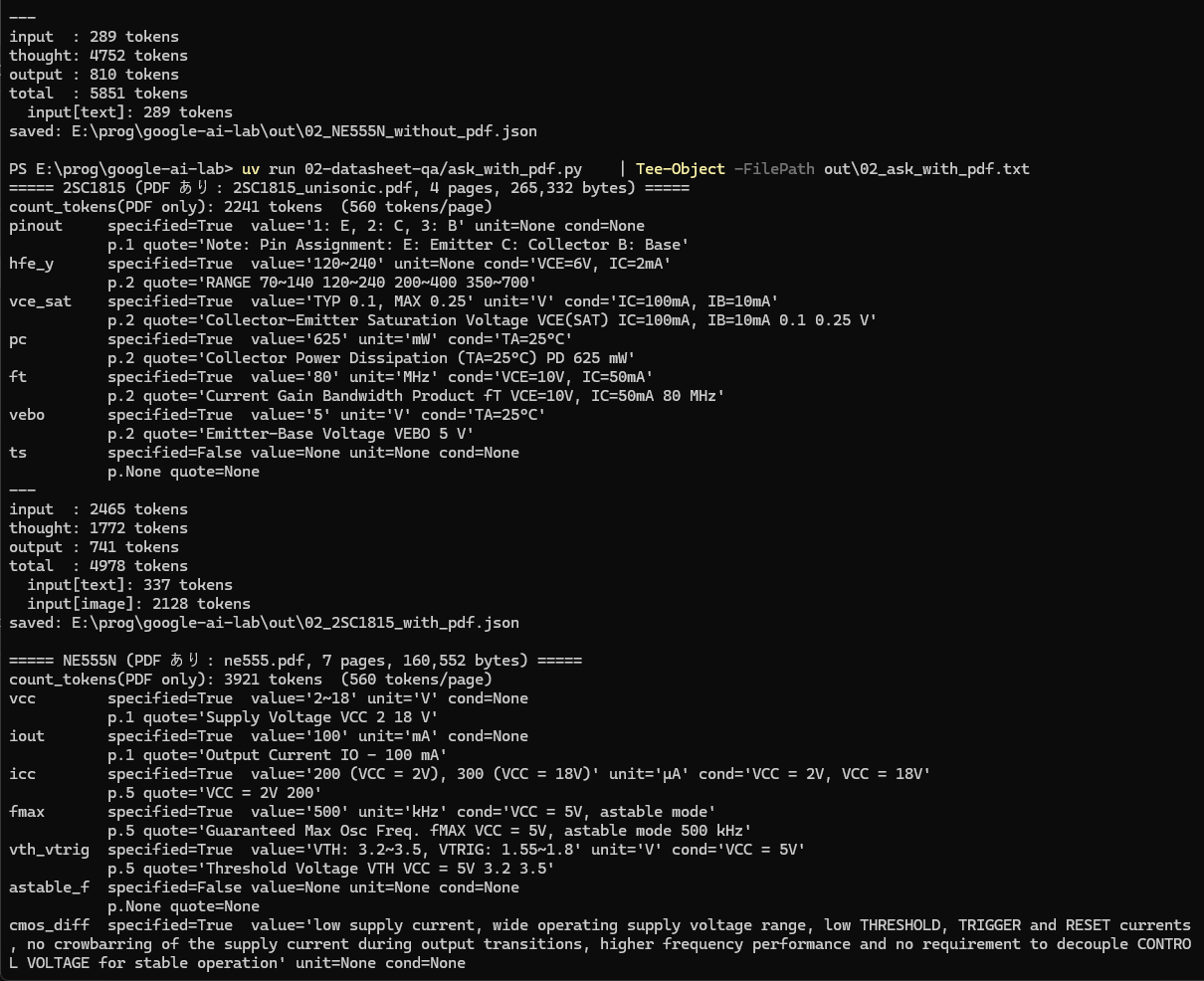 ask_with_pdf.py の実行画面。count_tokens は 560 トークン／ページ（4 ページで 2,241・7 ページで 3,921）、usage の入力の内訳は input[text] と input[image] の 2 行に分かれて出ている