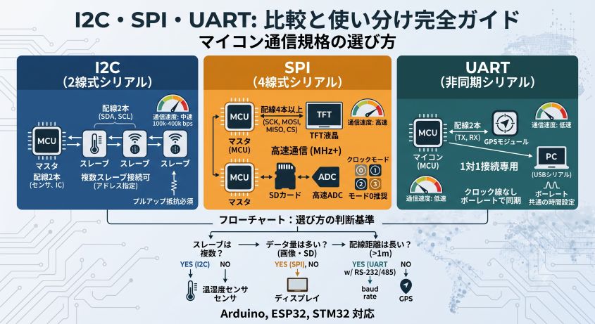 I2C・SPI・UART の違いと使い分け完全ガイド｜配線本数・速度・距離で選ぶマイコン通信規格