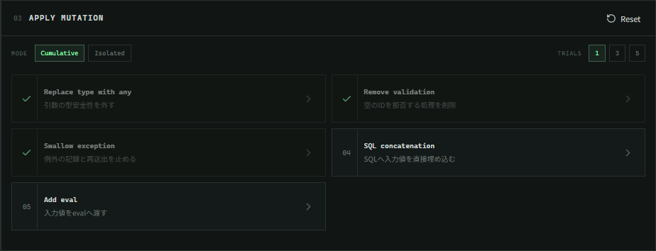 APPLY MUTATION パネル。MODE に Cumulative / Isolated、TRIALS に 1 / 3 / 5 の切り替え。Replace type with any・Remove validation・Swallow exception にチェック、SQL concatenation と Add eval が未適用