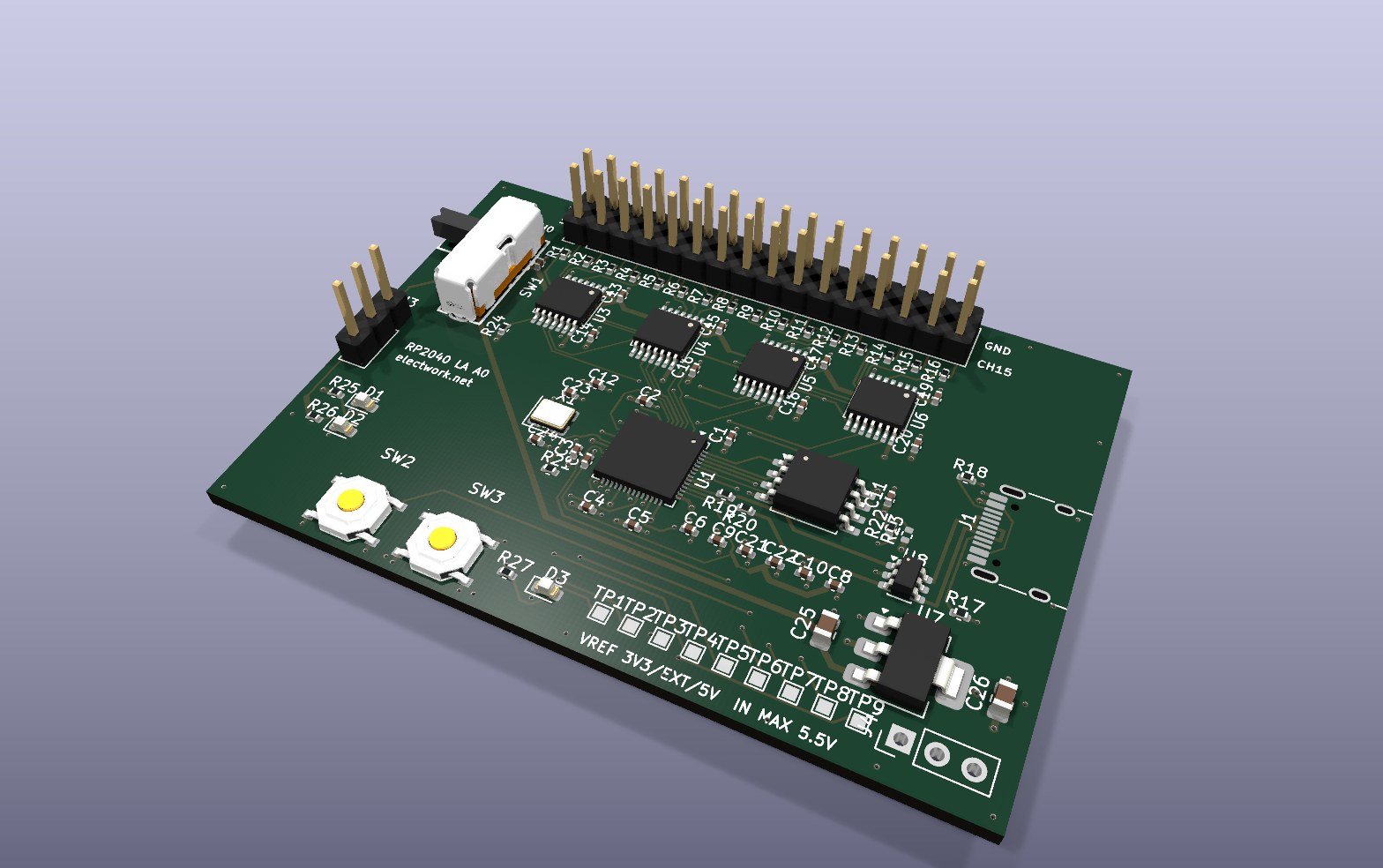 自作16chロジックアナライザ基板のKiCad 3Dレンダリング。上辺に2×16のピンヘッダ、その下にTXU0104が4個、中央にRP2040