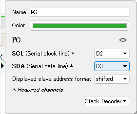 PulseViewのI2Cデコーダ設定。SCLにD2、SDAにD3が割り当てられ、Address formatがshiftedになっている