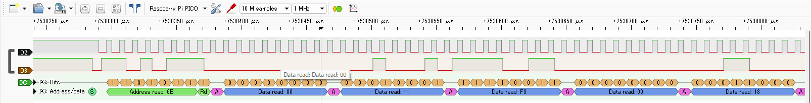 PulseViewでI2Cをデコードした画面。D2がSCL、D3がSDAで、下にAddress read 6B、Rd、A、Data read 00、11、F3、00、18と表示されている