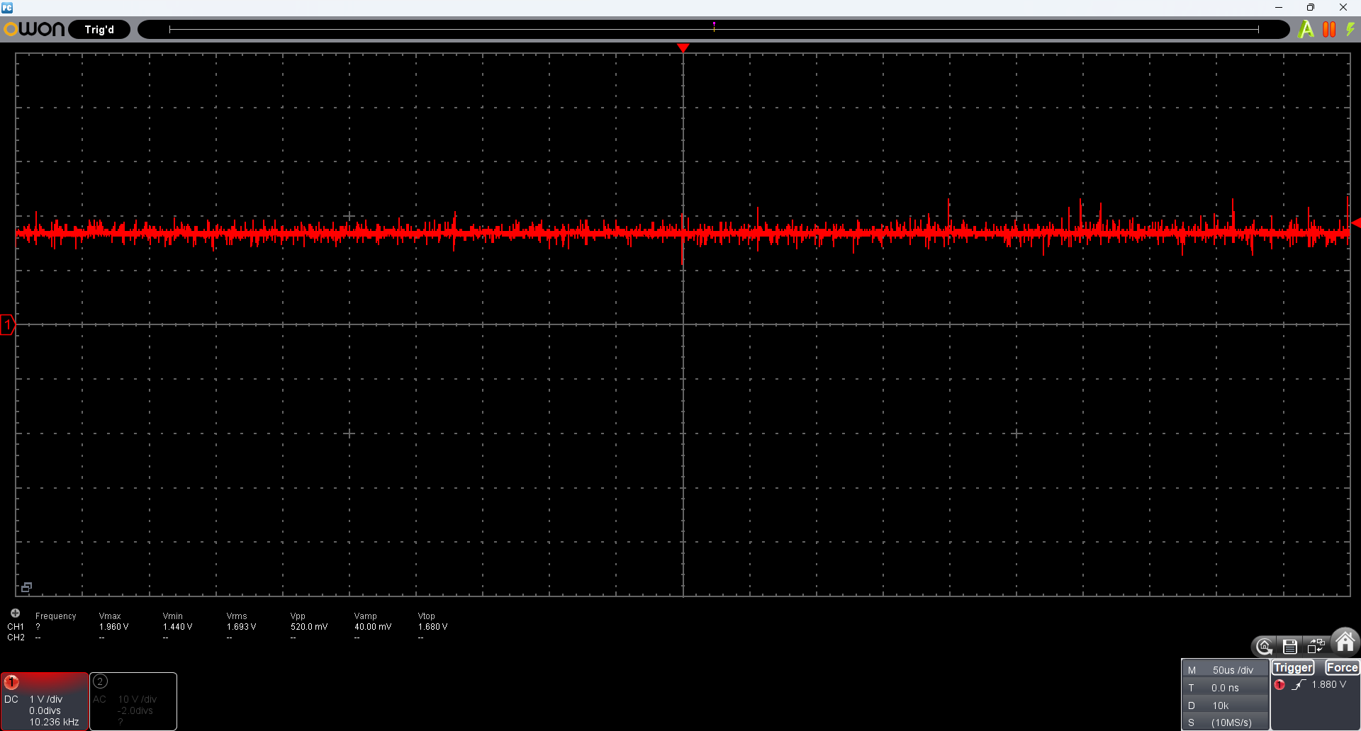 OWONオシロの画面。1.7V付近にスパイク状のノイズが乗った波形。Vrms 1.693V、Vpp 520mV