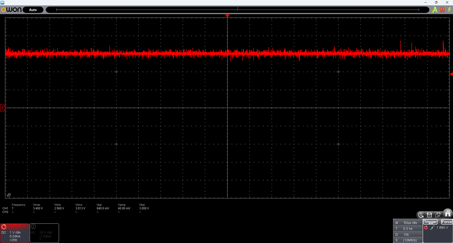 OWONオシロの画面。3.0V付近にノイズが乗った波形。Vrms 3.013V、Vpp 840mV