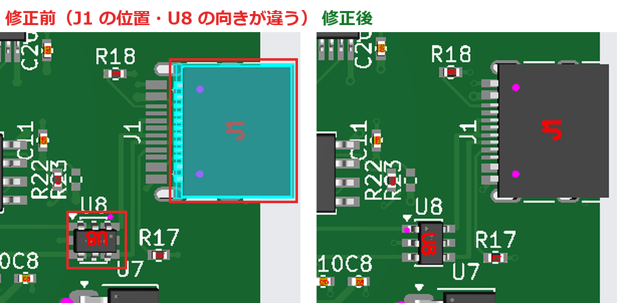 JLCPCB の 3D 配置プレビューの右下を拡大し、左右に並べた図。左の修正前は J1 の USB-C がパッドからずれて基板の外へ出ており、U8 は 90 度回った向き。右の修正後は J1 がパッドに載って基板端に収まり、U8 の向きがパッドに合っている