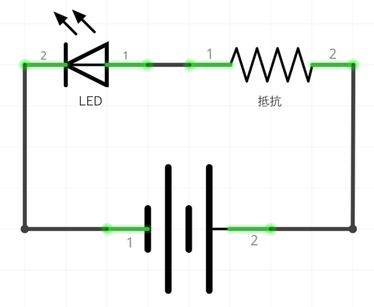 LED と抵抗と電源を直列接続した基本回路図
