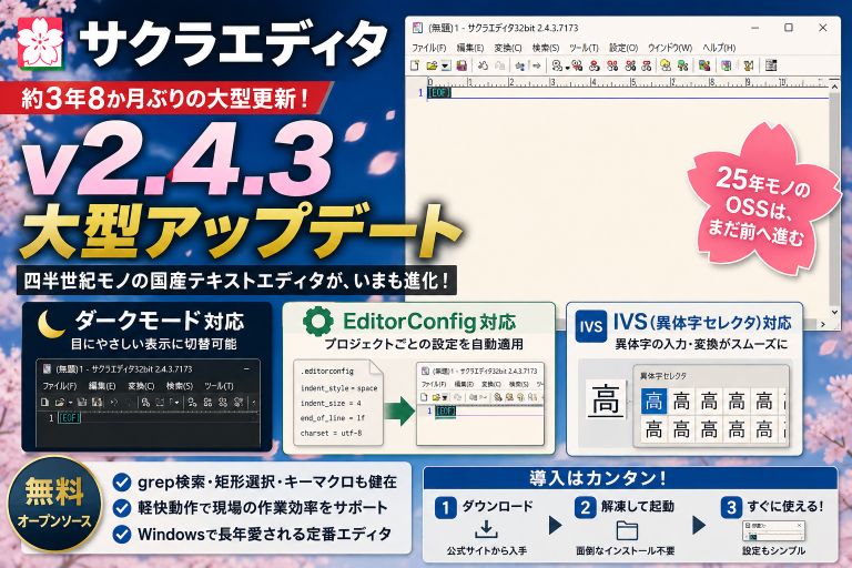 サクラエディタ 約3年8か月ぶりの大型更新｜ダークモード・EditorConfig・IVS対応