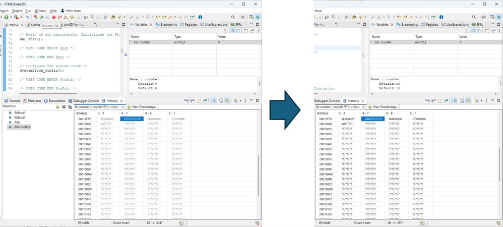 VariablesビューとMemoryビューの比較
