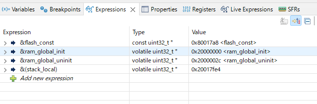 Expressionsビューでのアドレス確認