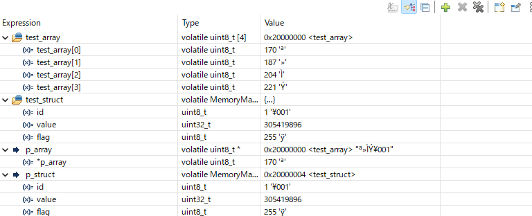 Expressions view showing variable addresses