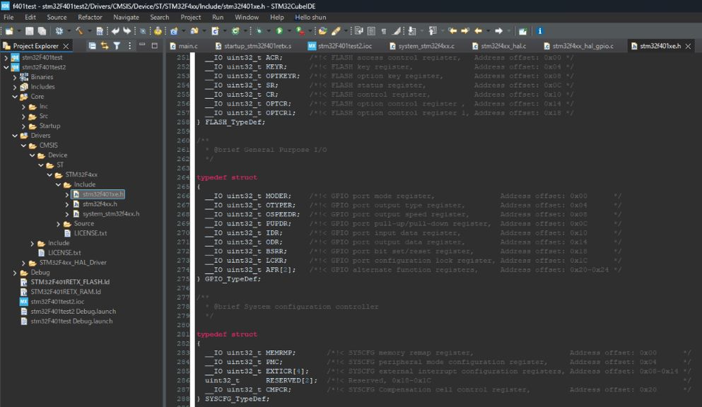 stm32f401xe.h を開いた様子。GPIO_TypeDef の構造体定義と #define GPIOA の行が確認できる
