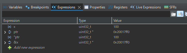 Variables ビューで ptr・*ptr・&amp;x の値を確認。ptr と &amp;x が同じアドレスを、*ptr と x が同じ値を示している