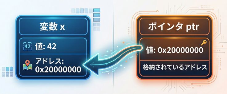 変数とポインタの関係。ptr は x の住所を持ち、矢印で指している