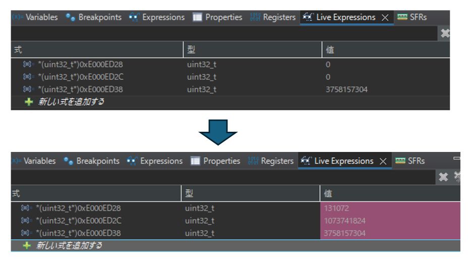 Expressions ビューで HardFault 発生時の SCB レジスタ値を確認。ピンクのハイライトが値が変化した行
