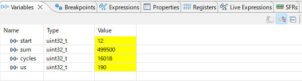 Variables ビューで cycles と us を確認。1000回ループが 16,018サイクル（約 190µs）かかっていることが数値で見える