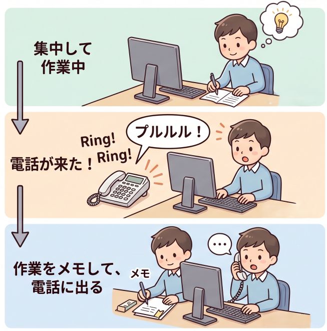 The interrupt analogy: note your work, answer the call, resume exactly where you stopped