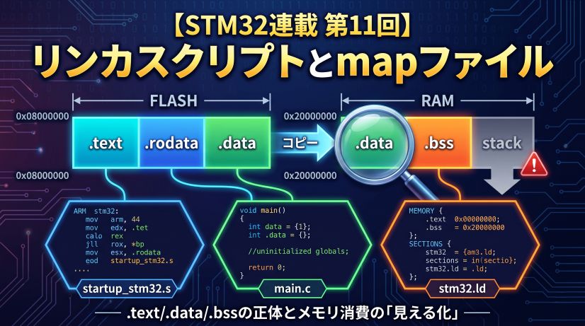 【STM32連載 第11回】リンカスクリプトとmapファイル ― .text/.data/.bssの正体と、メモリ消費を「見える化」する ―
