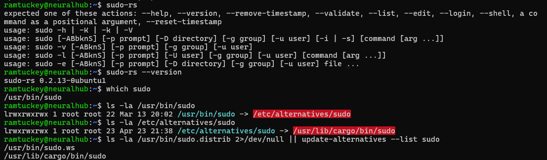 sudo の実体を辿るとcargo配下のRust製バイナリに行き着く